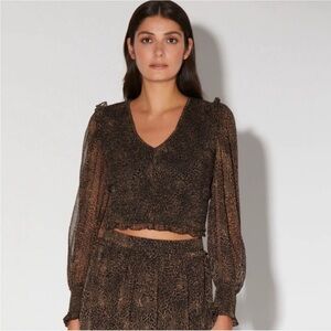 Walter Baker Gracie Leopard Print Ruffle Smocked Sheer Sleeve Top Size Medium